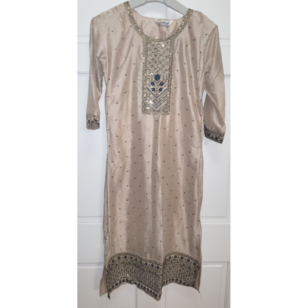 Pankhudi Designer 3pc Women's Tissue Silk Kurta Set w/ Dupatta - Tan/Blue - XL